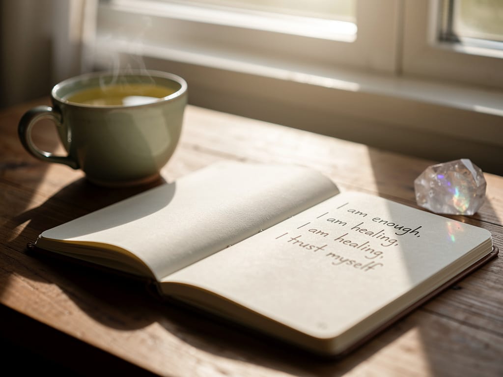 A manifestation journal with handwritten affirmations on a desk.