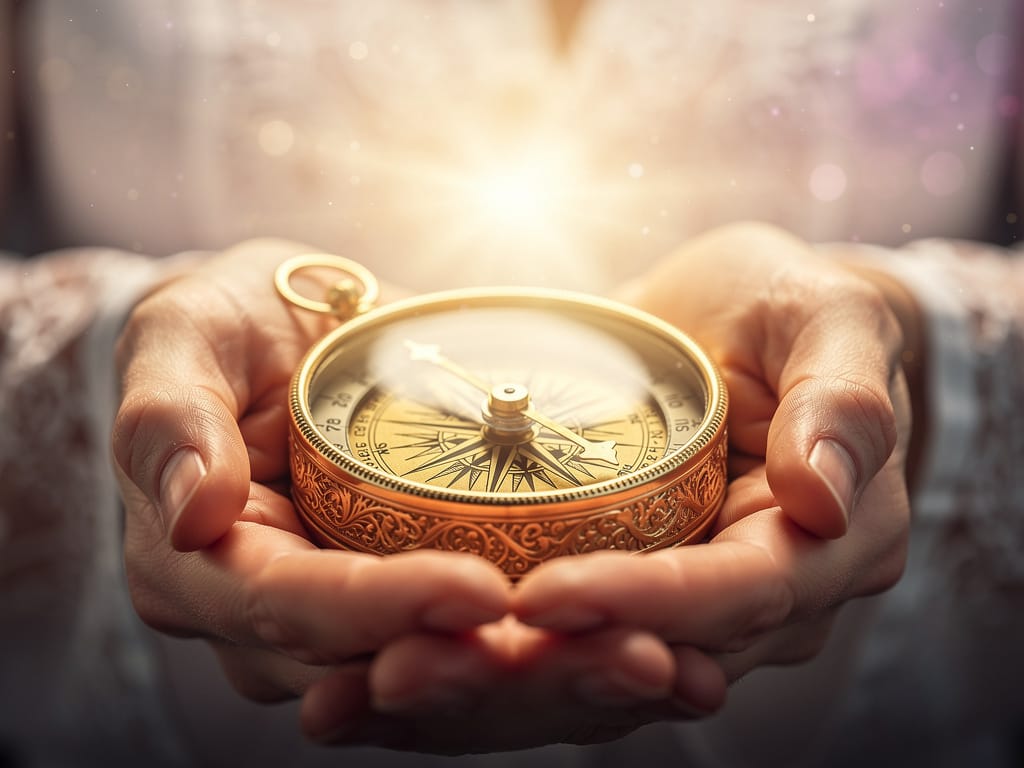 A golden compass pointing toward a glowing light.